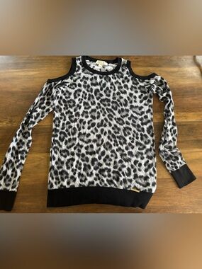 Michael Kors Leopard Print Cold Shoulder Long Sleeve Knit Top- S